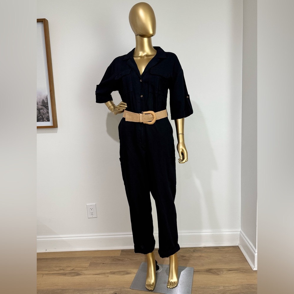 Zara Linen Blend Jumpsuit with Raffia Belt in Black Pockets~ Size S